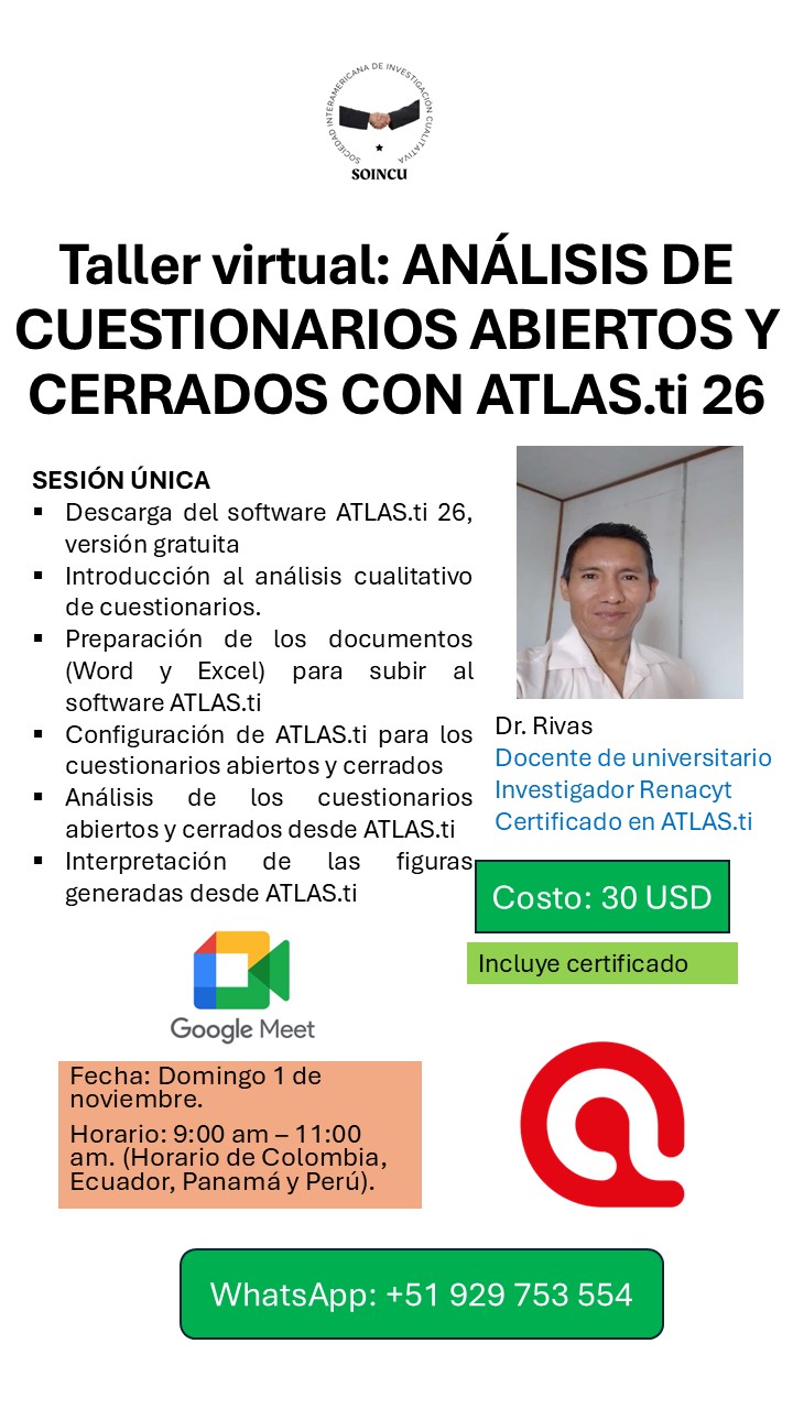 Flyer del taller virtual Análisis de cuestionarios abiertos y cerrados con ATLAS.ti 26: sesión única el domingo 1 de noviembre de 2026, de 9:00 a 11:00 a. m. (hora de Colombia, Ecuador, Panamá y Perú), vía Google Meet, con el Dr. Rivas. Costo: 30 USD (S/ 75), incluye certificado. WhatsApp: +51 929 753 554.